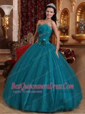 Teal Ball Gown Sweetheart Floor-length Tulle Beading Quinceanera Dress