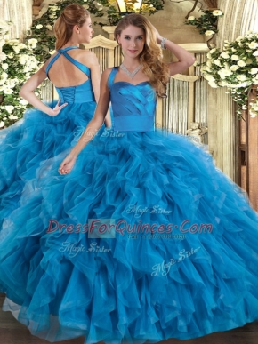 Custom Fit Ball Gowns 15 Quinceanera Dress Blue Halter Top Tulle Sleeveless Floor Length Lace Up
