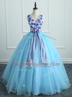 Nice Light Blue Ball Gowns Appliques and Belt Quinceanera Dresses Lace Up Organza Sleeveless Floor Length