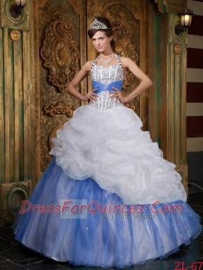 Ball Gown Organza Lace-up White and Baby Blue Beadings Pick-ups Sequins Spring Quinceanera