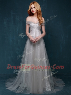 High Class Lace With Train Grey Prom Gown One Shoulder Sleeveless Brush Train Zipper