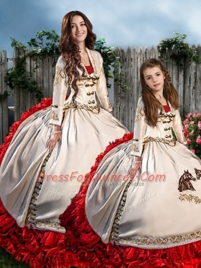 Modest Sweetheart Long Sleeves Sweet 16 Dresses Brush Train Embroidery and Ruffles White And Red Organza and Taffeta
