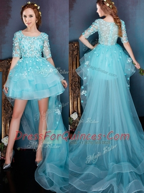 Decent Square High Low Aqua Blue Prom Evening Gown Organza Half Sleeves Beading