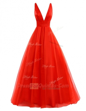 Wonderful Coral Red Organza Zipper V-neck Sleeveless Prom Party Dress Brush Train Pleated