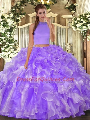Comfortable Lavender Organza Backless Vestidos de Quinceanera Sleeveless Floor Length Beading and Ruffles