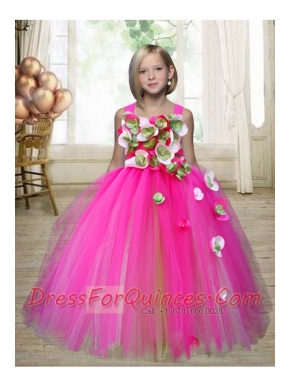 Pretty Ball Gown Tulle Straps Floor-length Little Girl Dress with Hand Made Flower