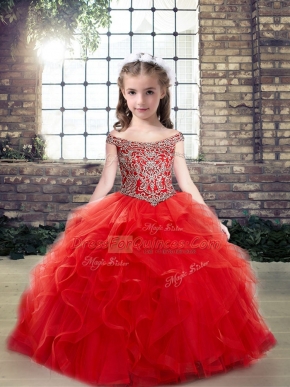 Best Off The Shoulder Sleeveless Lace Up High School Pageant Dress Red Tulle