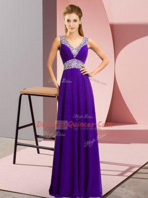 Sweet Purple Empire Beading Evening Dress Lace Up Chiffon Sleeveless Floor Length