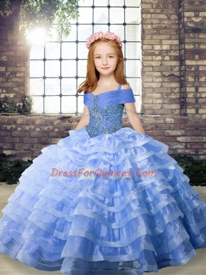 Blue Ball Gowns Beading and Ruffled Layers Pageant Dresses Lace Up Organza Sleeveless