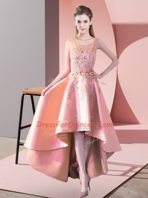 Peach Sleeveless High Low Lace Zipper Quinceanera Court Dresses