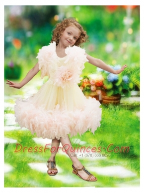 2014 Exclusive A-Line Knee-length Ruffles and Hand Made Flowers Little Girl Dress with Scoop