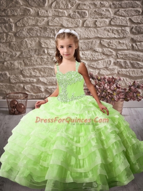 Ball Gowns Straps Sleeveless Organza Brush Train Lace Up Beading and Ruffled Layers Little Girls Pageant Dress Wholesale