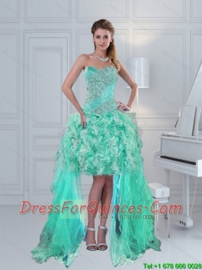 Pretty High Low Sweetheart Ruffled Christmas Party Dresses in Apple Green with Beading