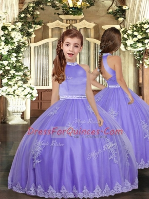 Lavender Sleeveless Floor Length Appliques Backless Kids Pageant Dress