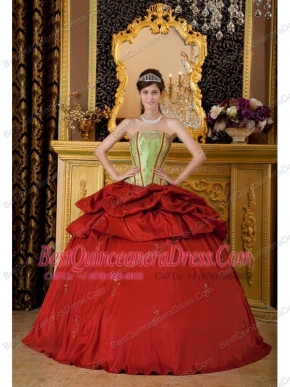 Red and Apple Green Ball Gown Strapless Floor-length Appliques Taffeta Quinceanera Dress