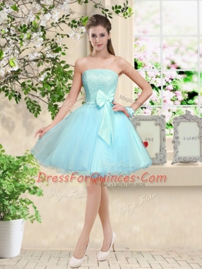 Decent Aqua Blue A-line Lace and Belt Quinceanera Court of Honor Dress Lace Up Organza Sleeveless Knee Length