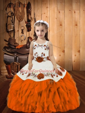 Orange Child Pageant Dress Sweet 16 and Quinceanera with Embroidery and Ruffles Straps Sleeveless Lace Up