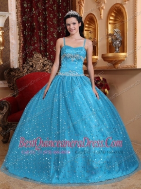 Blue Ball Gown Spaghetti Straps Floor-length Sequined Beading Quinceanera Dress