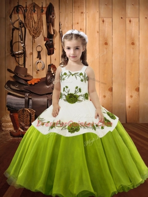 Olive Green Straps Lace Up Embroidery Pageant Gowns Sleeveless