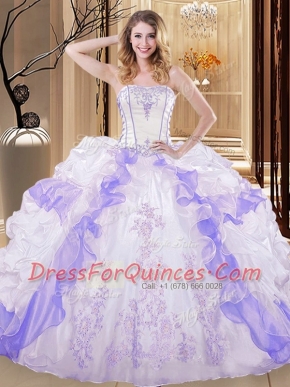 White And Purple Sleeveless Floor Length Embroidery and Ruffled Layers Lace Up Quince Ball Gowns