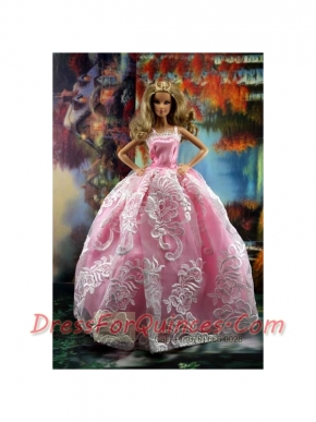 New Embroidery Fashion Princess Pink Dress Gown For Barbie Doll