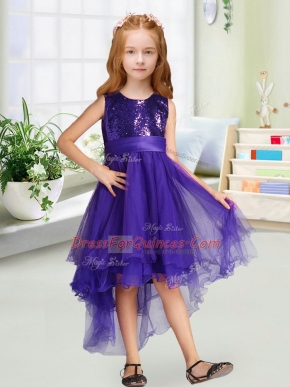 Simple Purple A-line Scoop Sleeveless Organza High Low Zipper Sequins and Bowknot Flower Girl Dress