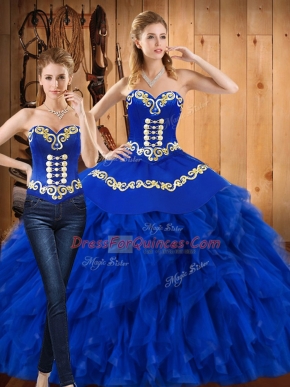 Fantastic Ball Gowns Ball Gown Prom Dress Blue Sweetheart Satin and Organza Sleeveless Floor Length Lace Up