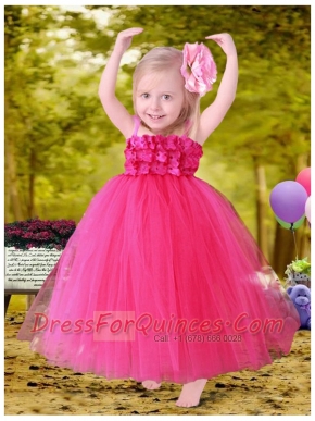 Modest Hot Pink Appliques A-Line Tulle Straps Little Girl Dress for 2014