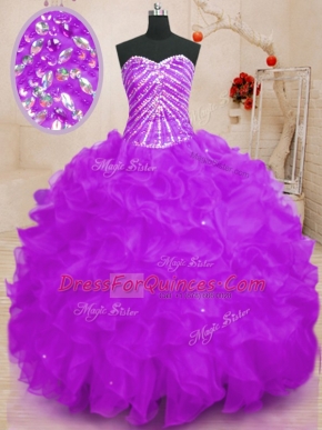 Sexy Purple Sweetheart Lace Up Beading and Ruffles and Sequins Quinceanera Gowns Sleeveless