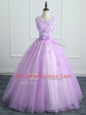 Latest Lavender Scoop Neckline Lace and Appliques and Bowknot Quinceanera Gown Sleeveless Lace Up