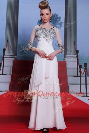 Classical White Empire Chiffon Scoop 3 4 Length Sleeve Beading and Appliques Floor Length Zipper Evening Dress