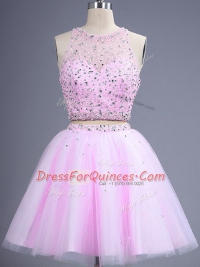 Custom Made Two Pieces Vestidos de Damas Lilac Scoop Tulle Sleeveless Knee Length Lace Up