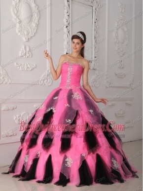 Pink and Black A-Line / Princess Strapless Floor-length Organza Appliques Quinceanera Dress