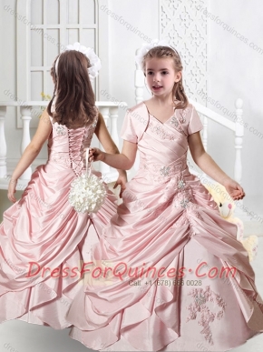 Pretty V Neck Appliques Little Girl Pageant Dresses in Baby Pink