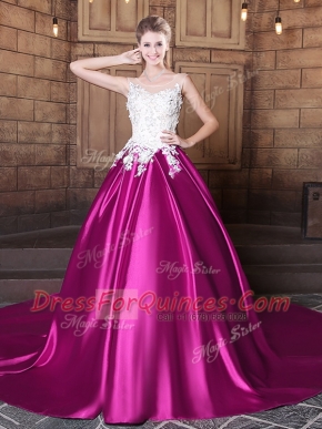 Amazing Scoop Fuchsia Elastic Woven Satin Lace Up Vestidos de Quinceanera Sleeveless With Train Court Train Appliques