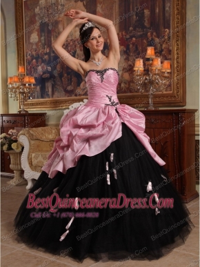 Rose Pink and Black Sweetheart Handmade Flowers Tulle and Taffeta Ball Gown Quinceanera Dress