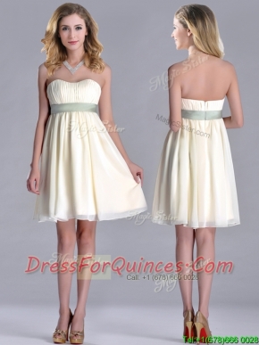 Modern Empire Light Yellow Prom Dress with Ruching and Belt