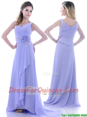 Brush Train Lavender Prom Dress with Beading and Hand Crafted Flower