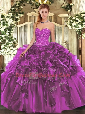 Enchanting Purple Organza Lace Up Sweetheart Sleeveless Floor Length Quince Ball Gowns Beading and Ruffles