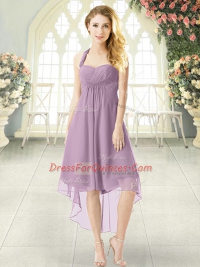 Sleeveless High Low Ruching Zipper Evening Dress with Purple