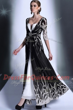 Half Sleeves Chiffon Ankle Length Zipper Homecoming Dress in Black with Pattern