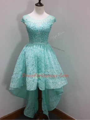 Sweet Lace Scoop Cap Sleeves Zipper Beading and Lace Dama Dress for Quinceanera in Aqua Blue