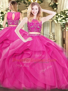 Custom Made Scoop Sleeveless Tulle Sweet 16 Dress Beading and Ruffles Zipper