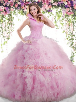 Dazzling Lilac Backless 15 Quinceanera Dress Beading and Ruffles Sleeveless Floor Length