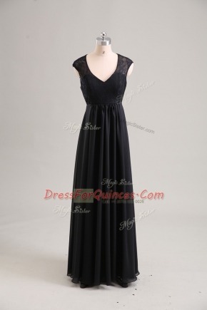 Lace Prom Party Dress Black Zipper Cap Sleeves Floor Length
