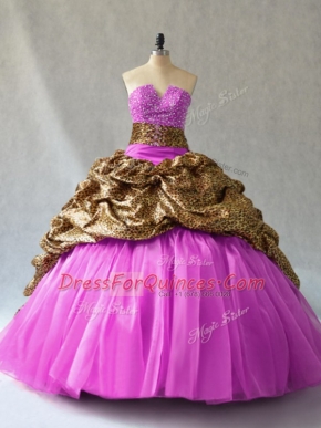 Fitting V-neck Sleeveless 15 Quinceanera Dress Brush Train Beading and Pick Ups Lilac Organza and Printed