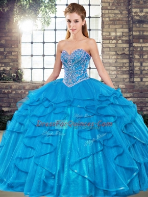 Sweetheart Sleeveless Quinceanera Dresses Floor Length Beading and Ruffles Blue Tulle