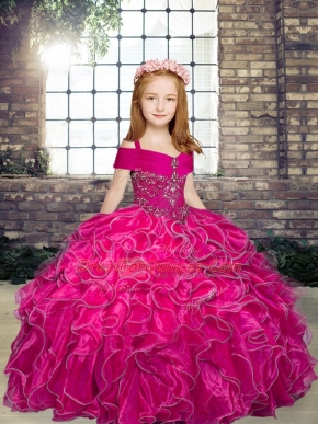 Floor Length Fuchsia Girls Pageant Dresses Straps Sleeveless Lace Up