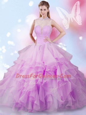 Wonderful Floor Length Lace Up Quinceanera Dress Lilac for Military Ball and Sweet 16 and Quinceanera with Beading and Ruffles