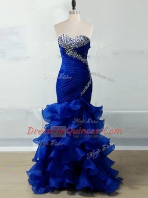Hot Sale Floor Length Zipper Prom Dress Royal Blue for Prom and Party and Military Ball and Sweet 16 with Beading and Ruffles and Ruching